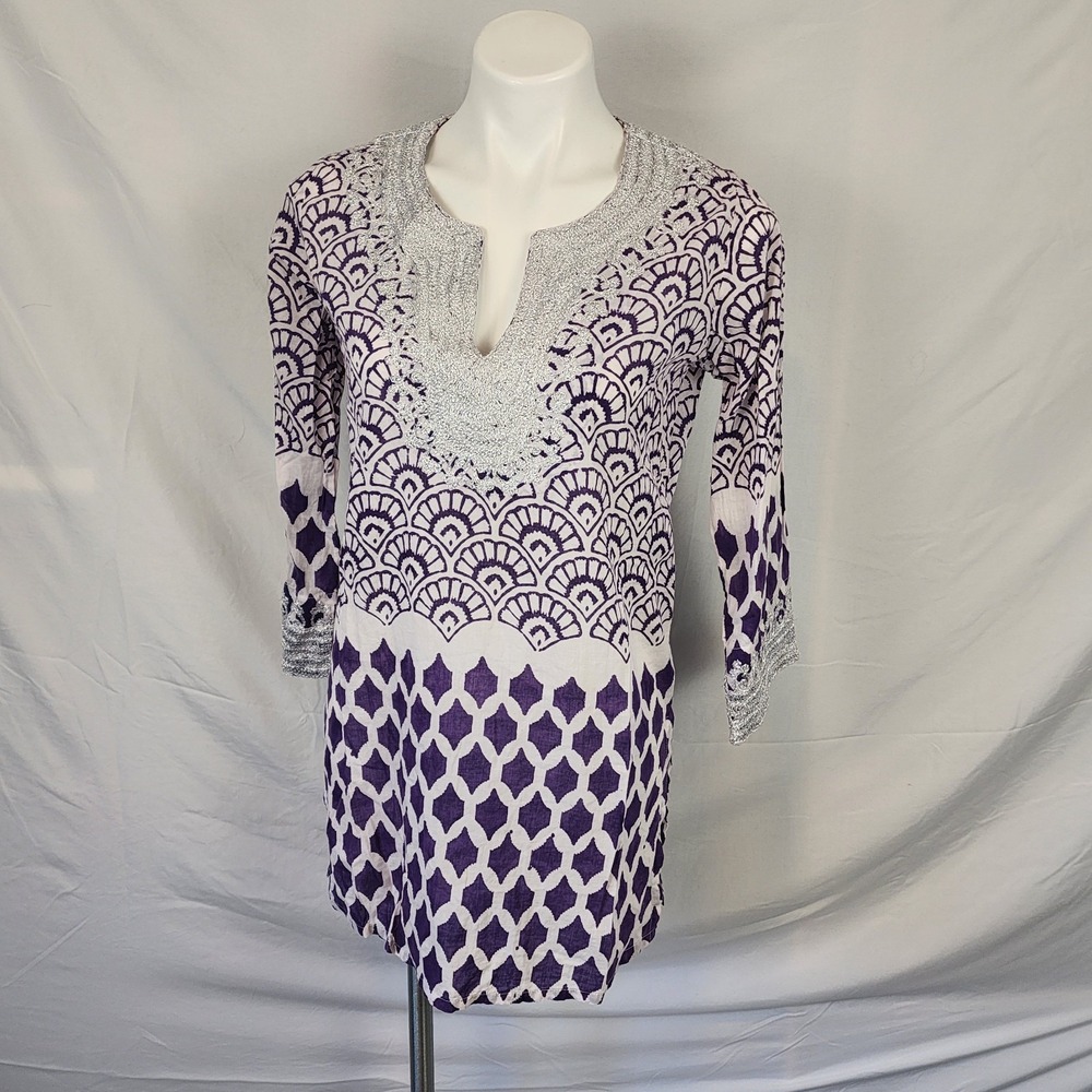 Roberta Roller Rabbit Embroidered Purple White Tunic Dress Women's‎ Small